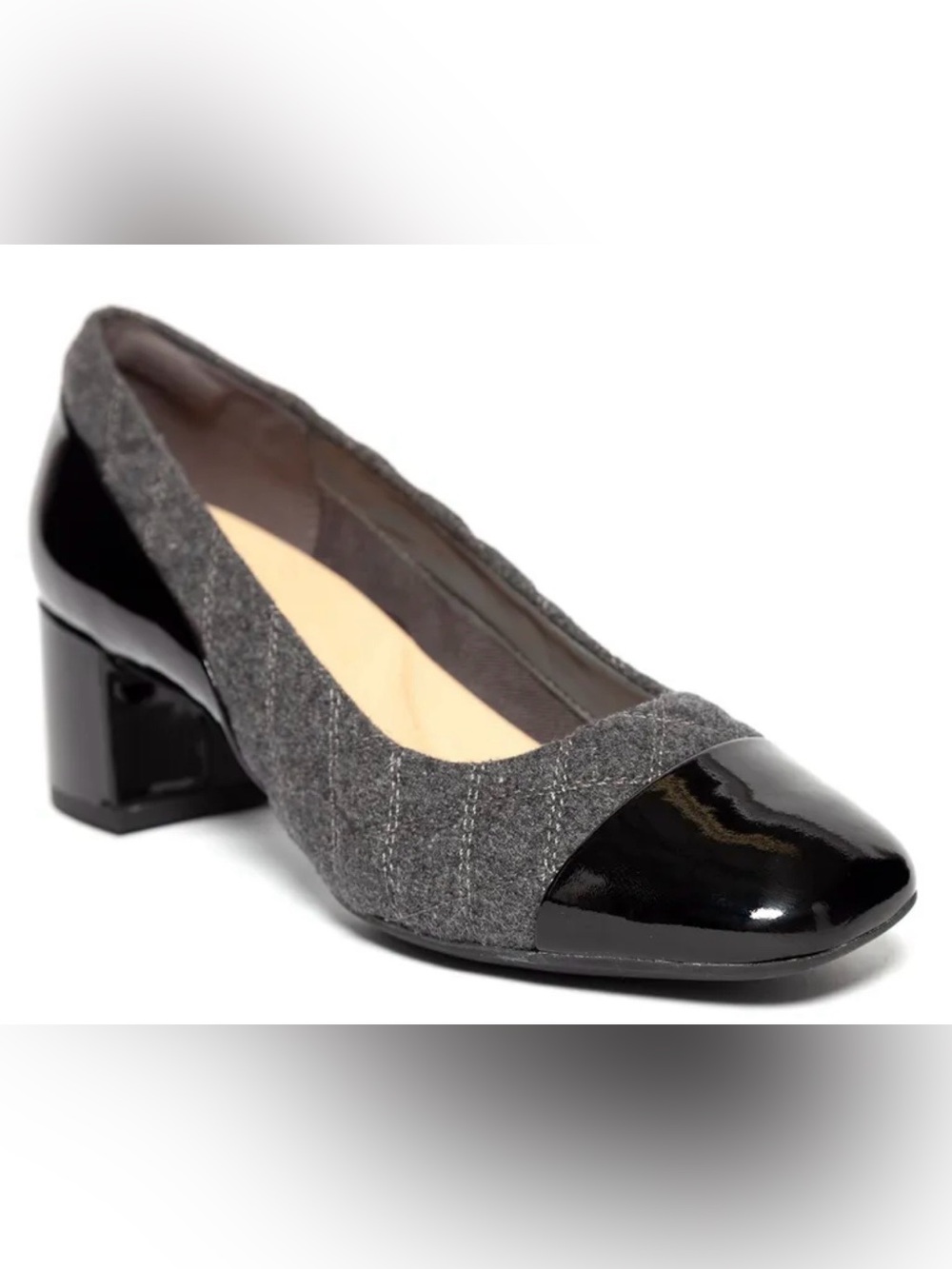 Clarks Women Gray Tweed Pump with Black Patent Cap Toe and Block Heel Size 6.5